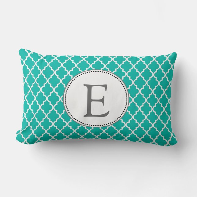 Custom personalise teal quatrefoil pattern monogra lumbar cushion (Front)