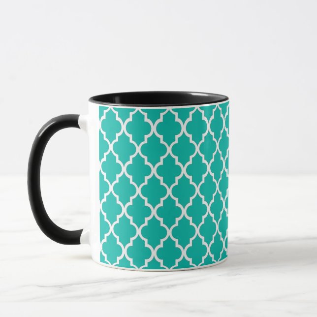 Custom personalise teal quatrefoil pattern monogra mug (Left)