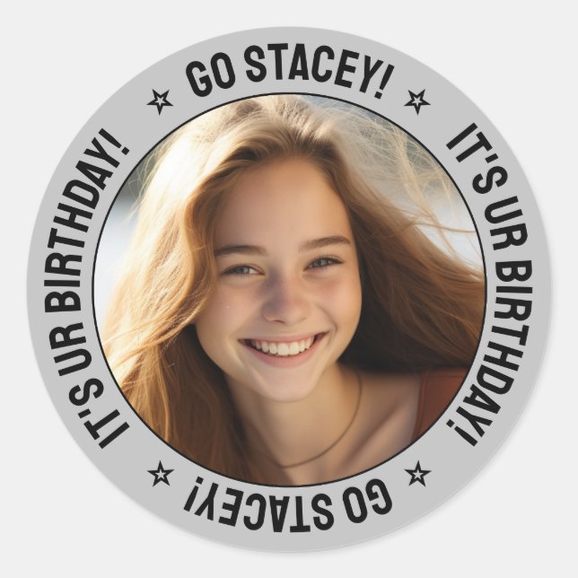 Custom Personalised Birthday Message, Name & Photo Classic Round Sticker (Front)