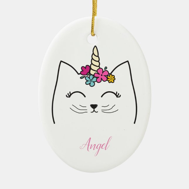 Custom Personalised Children's Cat Unicorn Ceramic Ornament (Front)