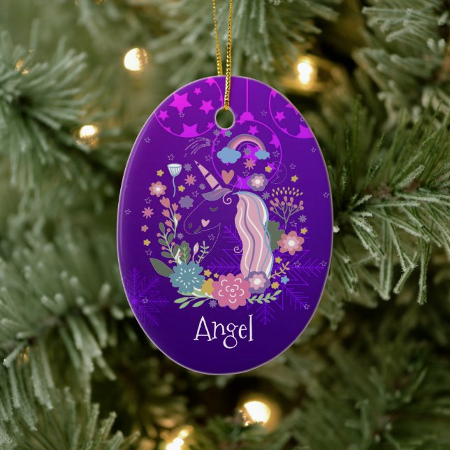 Custom Personalised Christmas Purple Unicorn Ceramic Ornament (Tree)