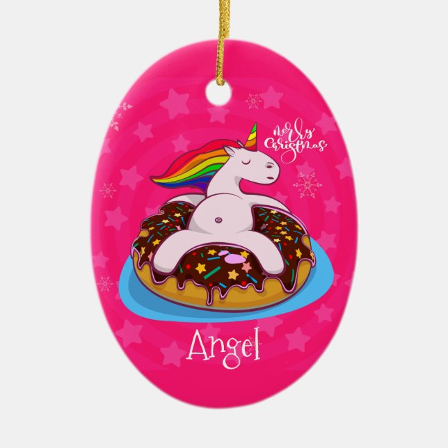 Custom Personalised Christmas Unicorn Pink Ceramic Ornament (Front)