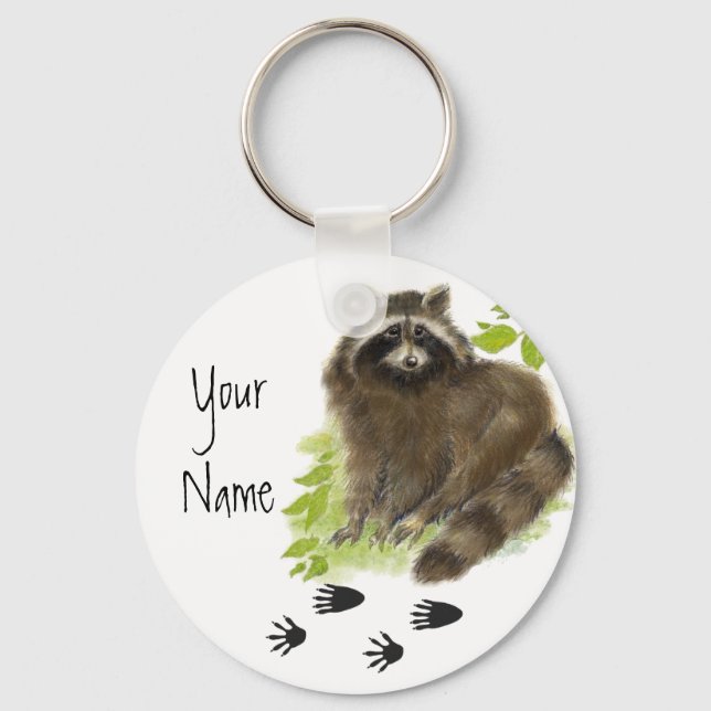 Custom, Personalised Cute Racoon Tracks Key Ring (Front)