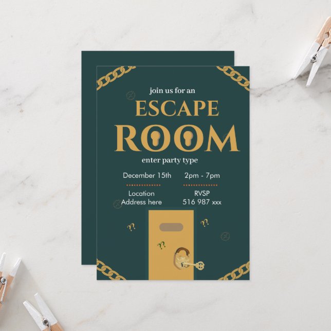 Custom Personalised escape room invitation (Front/Back In Situ)