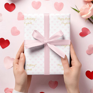 Custom Personalised Faux Gold Script Pink Hearts Wrapping Paper