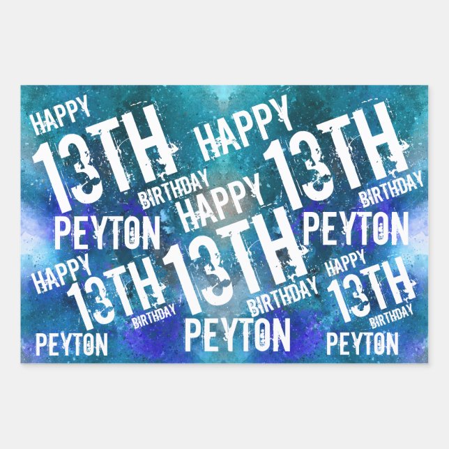 Custom Personalised Galaxy Blue Birthday Party Wrapping Paper Sheet (Front)