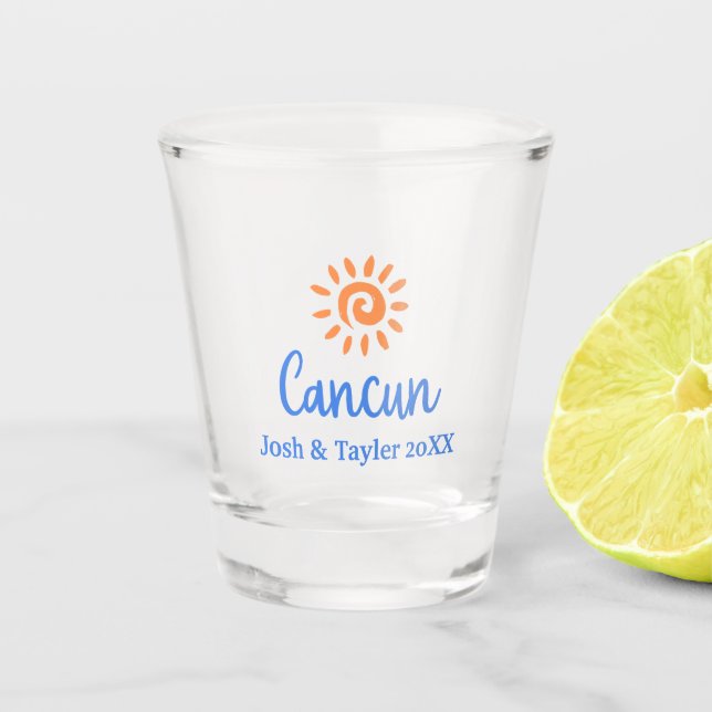 Custom Personalised Honeymoon in Cancun  Shot Glass (Front)