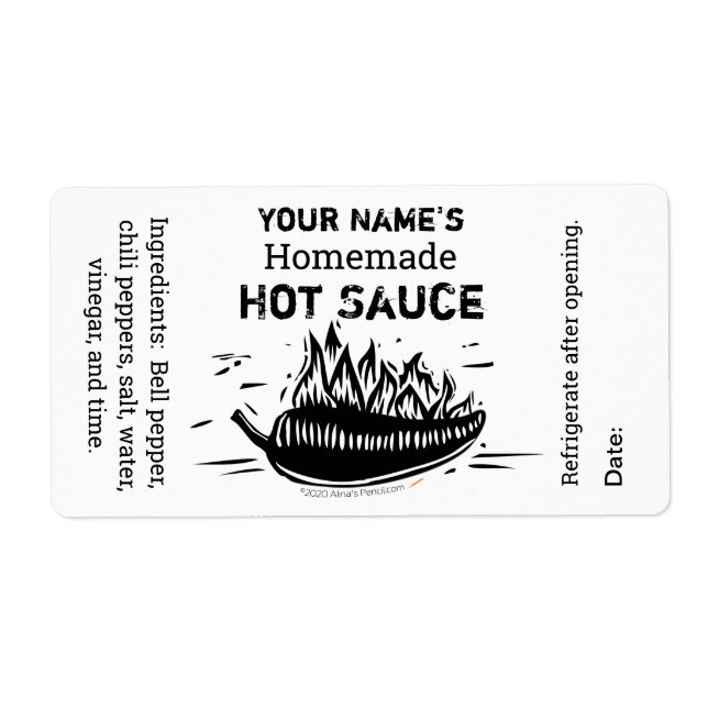 Custom Personalised Hot Sauce Woodcut Black Chilli (Front)
