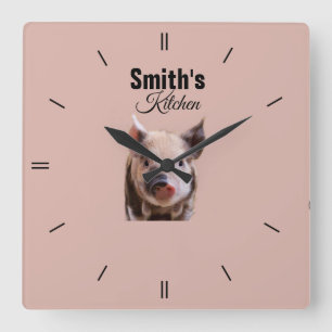 Custom Personalised Kitchen Vintage Pig Logo Square Wall Clock