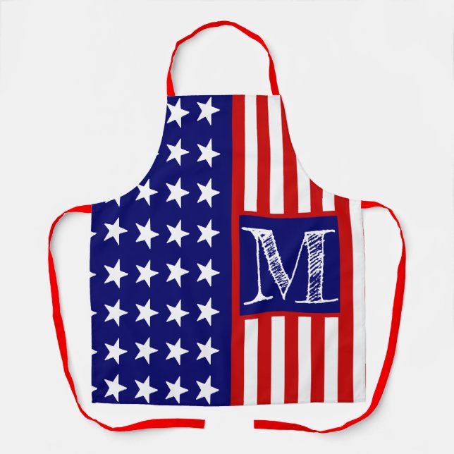 Custom Personalised Monogram Retro American Flag Apron (Front)