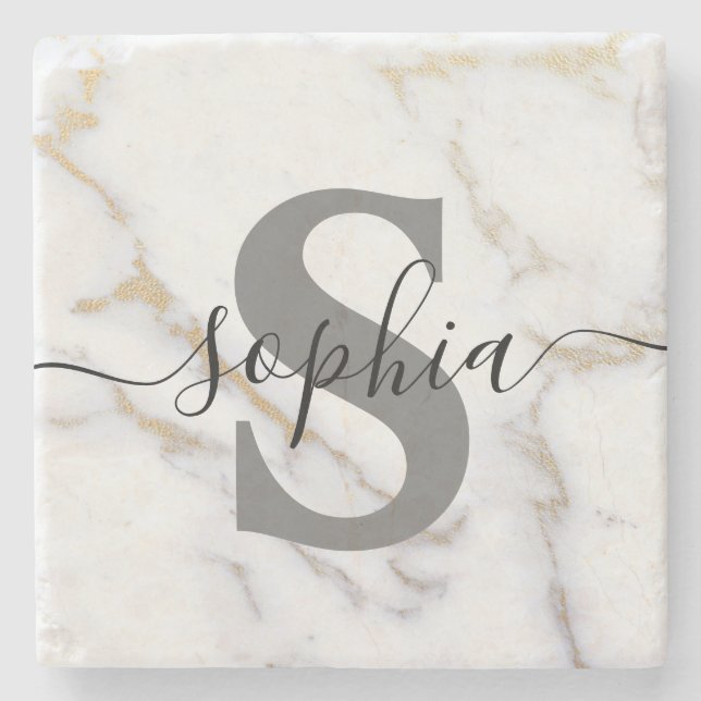 Custom Personalised Monogram Script Name Initial Stone Coaster (Front)