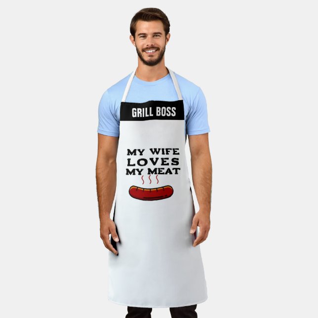Custom Personalised My Wife Loves My Meat Funny Apron (Worn)