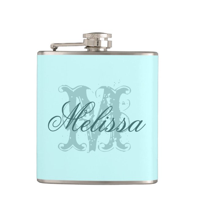 Custom Personalised Nam/Initial Monogram Turquoise Hip Flask (Front)