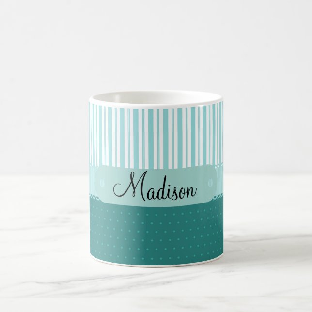 Custom Personalised Name Teal Stripes Polka Dots Coffee Mug (Center)