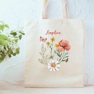 Custom Personalised Name Wildflower Floral  Tote Bag