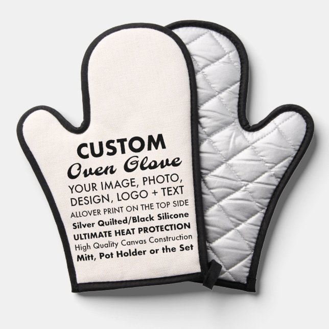 Custom Personalised Oven Glove/Mit, Silver Quilted Mitt (Front/Back)