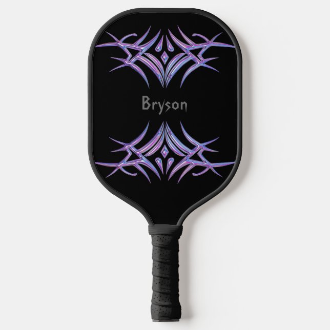 Custom Personalised Purple Tribal Design on Black Pickleball Paddle (Front)
