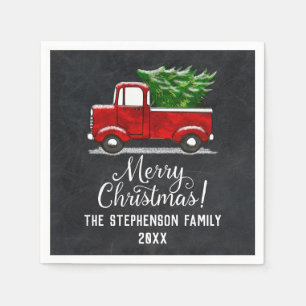 Custom Personalised Red Truck Tree Merry Christmas Napkin