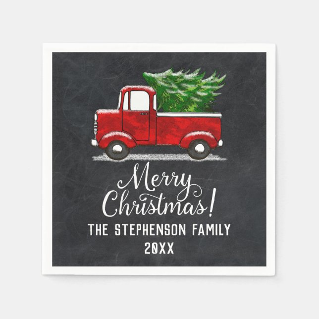 Custom Personalised Red Truck Tree Merry Christmas Napkin (Front)