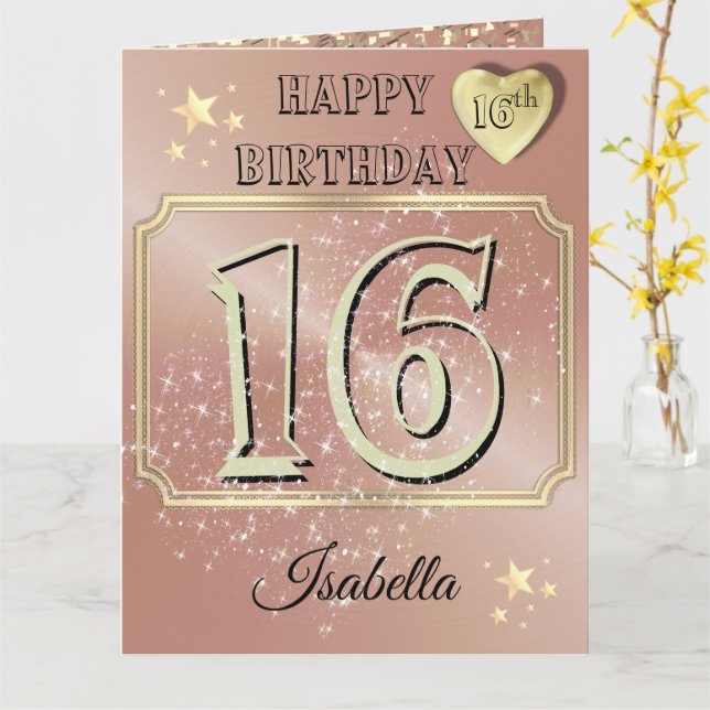 Custom Personalised Rose Gold 16th Birthday Card (Yellow Flower)
