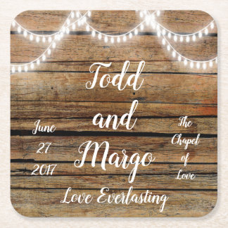 Custom Personalised Rustic Wood Wedding Lights Square Paper Coaster
