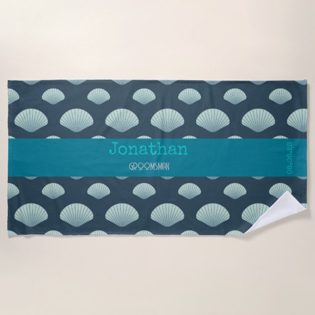 Custom Personalised Seashells Pattern Groomsman Beach Towel (Front)