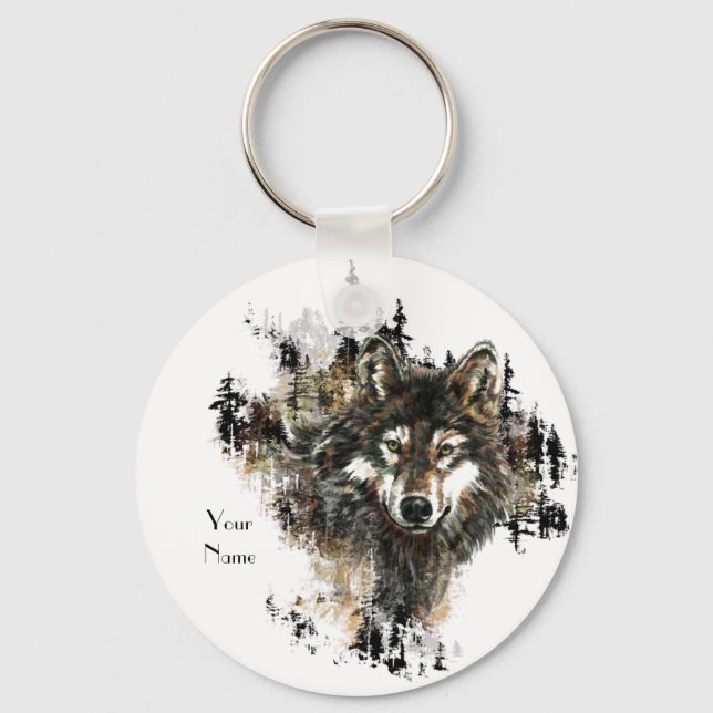 Custom, Personalised Wolf Mountain Animal art Key Ring (Front)