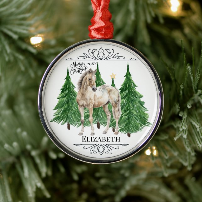 Custom Personalized Horse Watercolor Christmas  Metal Ornament (Tree)