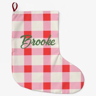 Custom Personalized Name Xmas Pink Red Gingham Large Christmas Stocking