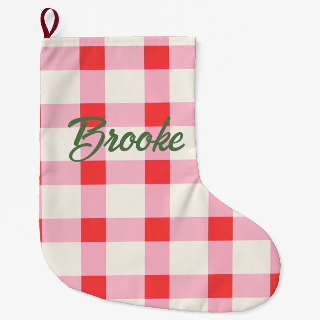 Custom Personalized Name Xmas Pink Red Gingham Large Christmas Stocking (Front)