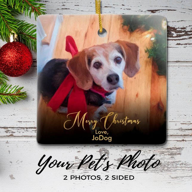 Custom  Pet 2 Photo Elegant Gold Script Christmas Ceramic Ornament (Creator Uploaded)