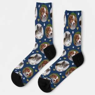 Custom Pet 2 Photo Heart Navy Blue Paw Print Socks