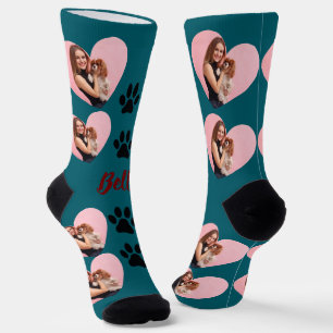 Custom Pet 2 Photo Heart  White Paw Girl Socks