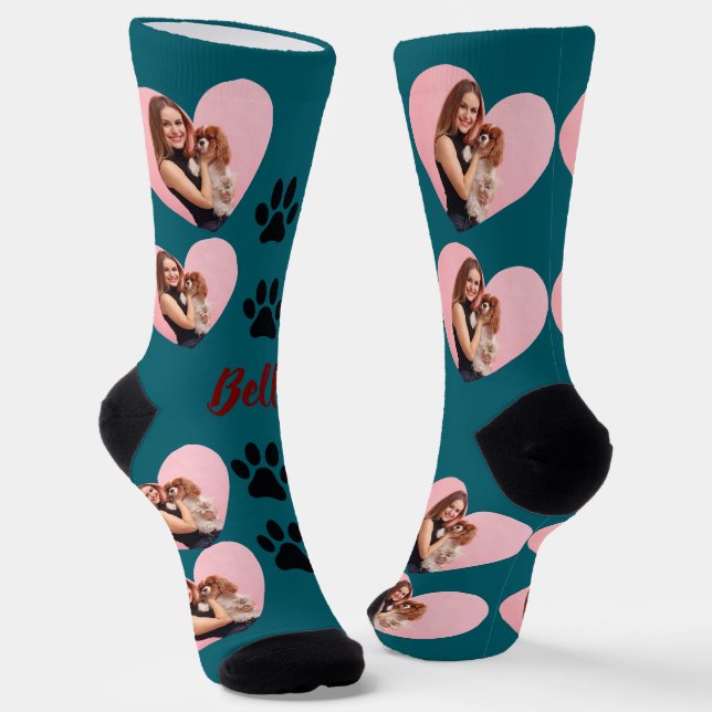 Custom Pet 2 Photo Heart  White Paw Girl Socks (Angled)