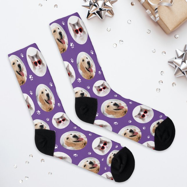 Custom Pet 2 Photo Purple Paw Print Socks (Creator Uploaded)