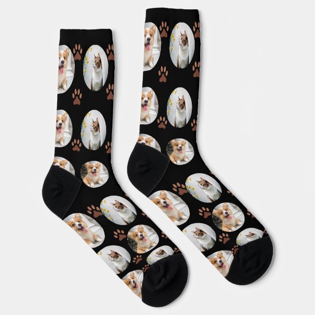 Custom Pet 2 Photo Purple Paw Print Socks (Right)