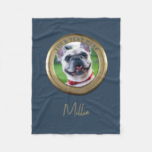 Custom Pet 2 Photo & Text Navy Blue Gold  Fleece Blanket