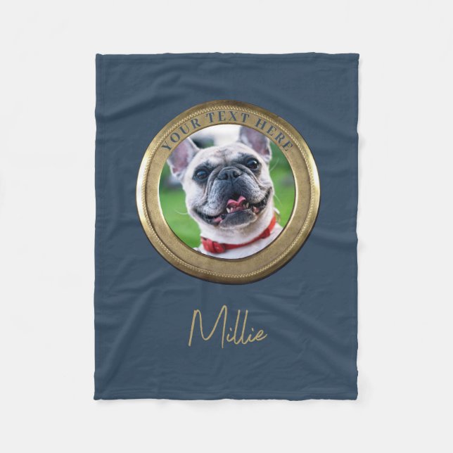 Custom Pet 2 Photo & Text Navy Blue Gold  Fleece Blanket (Front)