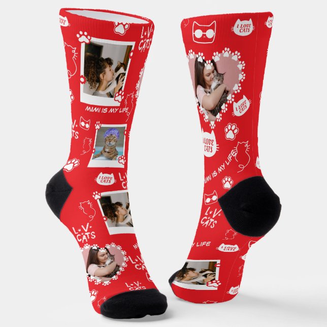 Custom Pet Cat Photo Collage Socks With Name (Angled)