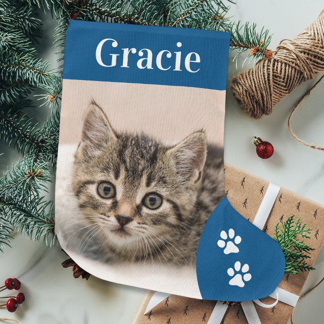 Custom Pet Cat Photo Holiday Blue Personalised Large Christmas Stocking (Creator Uploaded)