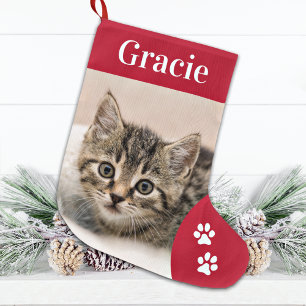 Custom Pet Cat Photo Holiday Red Personalised Large Christmas Stocking