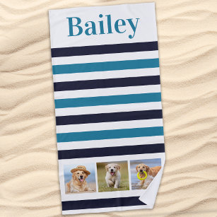 Custom Pet Dog 3 Photo Collage Aqua Blue Stripe Beach Towel