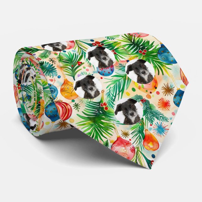 Custom Pet Dog Photo Christmas Pattern Tie (Rolled)
