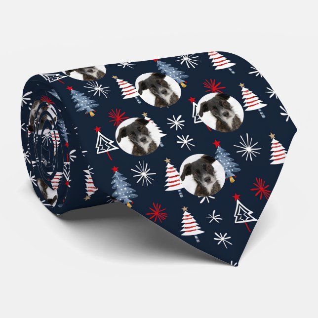 Custom Pet Dog Photo Christmas Tree Pattern Navy Tie (Rolled)