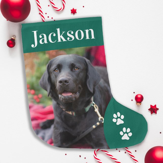 Custom Pet Dog Photo Holiday Green Personalised Large Christmas Stocking (Creator Uploaded)