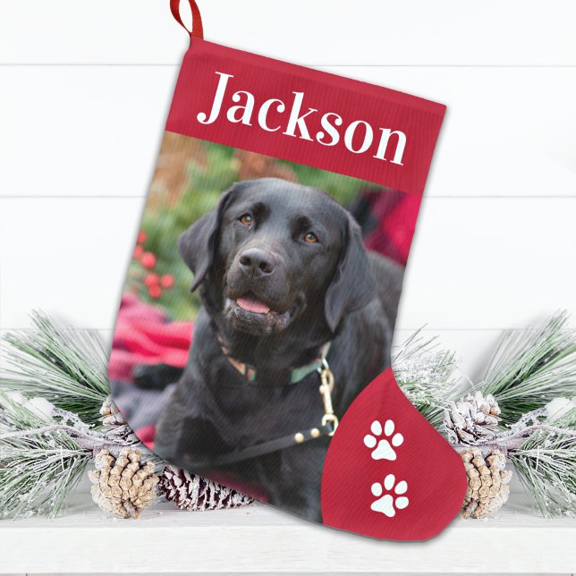 Custom Pet Dog Photo Holiday Red Personalized  Large Christmas Stocking (Creator Uploaded)