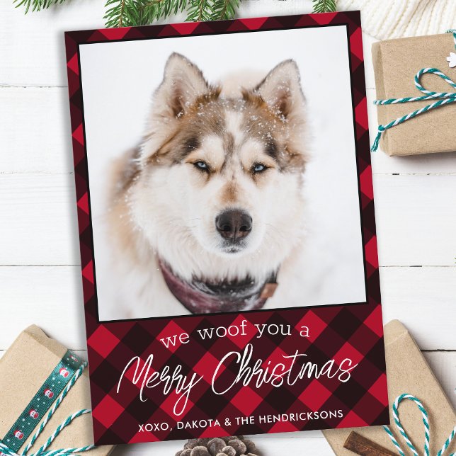 Custom Pet Dog Photo Merry Christmas Red Plaid Holiday Card (Creator Uploaded)