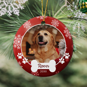 Custom Pet Dog Photo Paw Prints Red Christmas Ceramic Ornament
