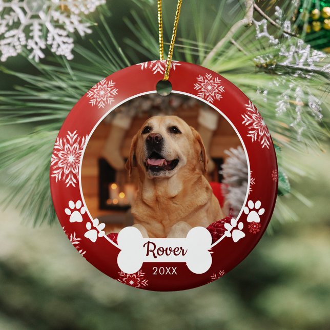 Custom Pet Dog Photo Paw Prints Red Christmas Ceramic Ornament (Creator Uploaded)