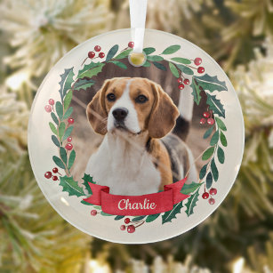 Custom Pet Dog Photo Watercolor Wreath Christmas Glass Tree Decoration